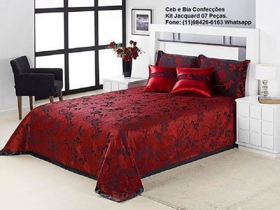 KIT COBRE LEITO JACQUARD QUEEN 07 PEÇA VERMELHA COM PRETO