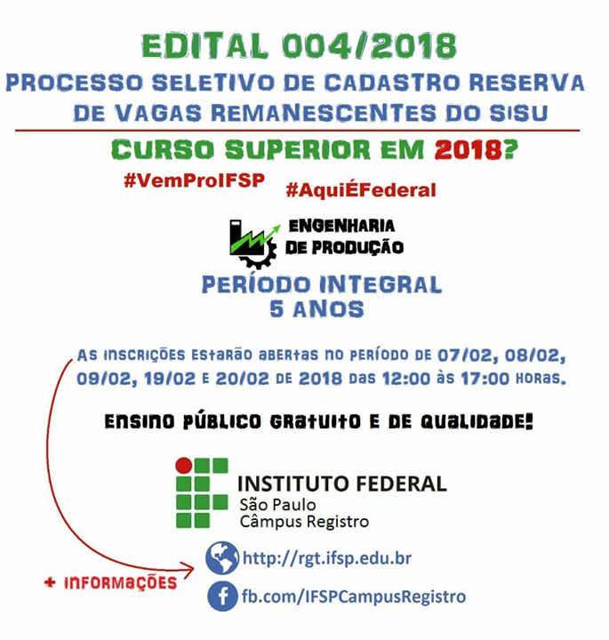 Curso ENGENHARIA DE PRODUÇÃO - CADASTRO RESERVA