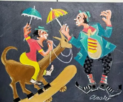 Aécio artista naif tema palhaços no picadeiro medida 50x40