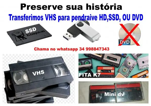 Copias de vhs para dvd, pendraive, hd. ssd prestamos esse serviço para todo Brasil