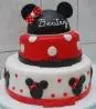 Bolo 2 Andares da Minnie em Pasta Americana, Branco e Vermelho no Topo com Cabeça, Nome e Laço