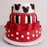 Bolo de 3 Andares da Minnie em Pasta Americana com Listras, Bolinhas, Laços, Rostinhos e Florzinhas