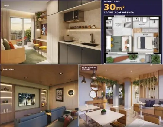 Apartamento de 30 m2, 01 dormitório, com varanda