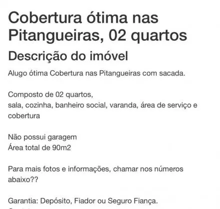 Alugo ótima Cobertura nas Pitangueiras