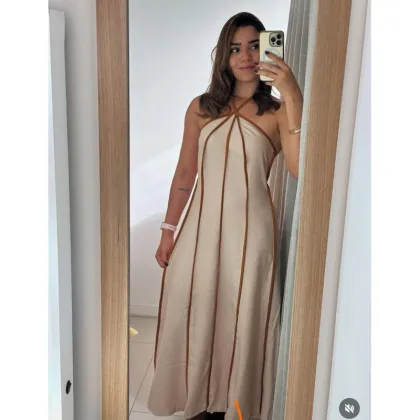 Vestido Longo Feminino Premium Frente Única Listrado Longo Tendência Amarração H-13