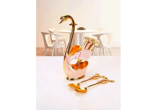 Cisne dourado com rosa acompanha 6 colheres de sobremesa aço inoxidável dourado