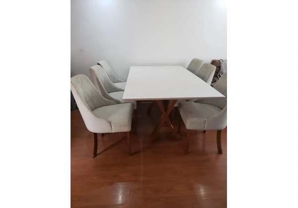 Mesa com cadeiras, 2 metros Detalhes no forro e nos pés mordidas de dog