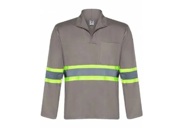 Camisa De Brim Manga Longa Cinza Com Refletivo Verde - GG