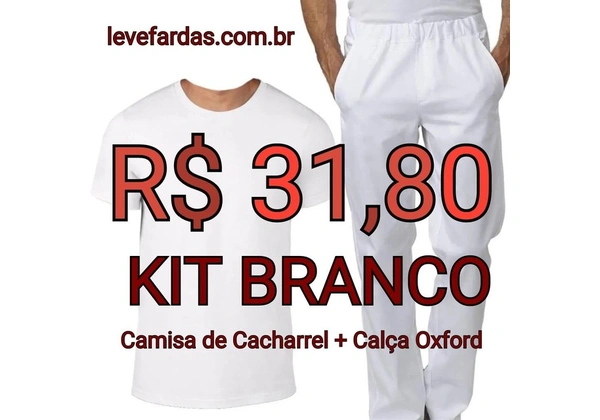 Kit Branco: Camisa Mg Curta Cacharrel Branco + Calça de Oxford