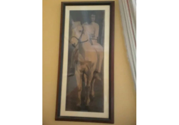 Desenho à carvão do belo Beatles Paul McCartney em seu cavalo branco (1979).