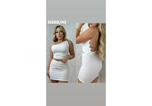 Conjunto Saia e Cropped Branco com Amarração nas Costas