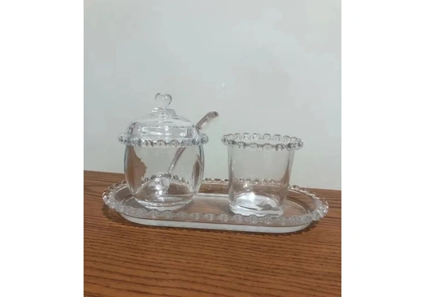 Kit Travessa + Açucareiro de vidro Cristal + porta colher em cristal com borda de coração