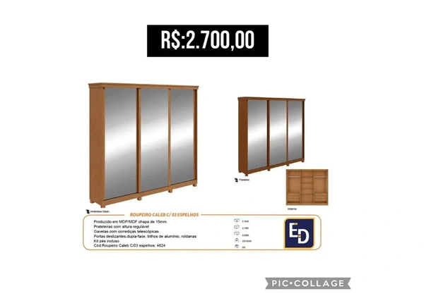 Guarda-Roupa Caleb 3 Portas com Espelhos - Amadeirado