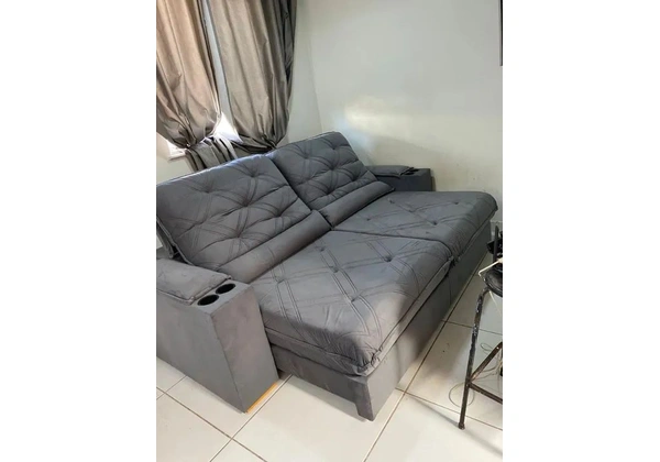 SOFA RETRÁTIL E RECLINÁVEL VELUDO CINZA GRAFITE MOLAS ENSACADAS