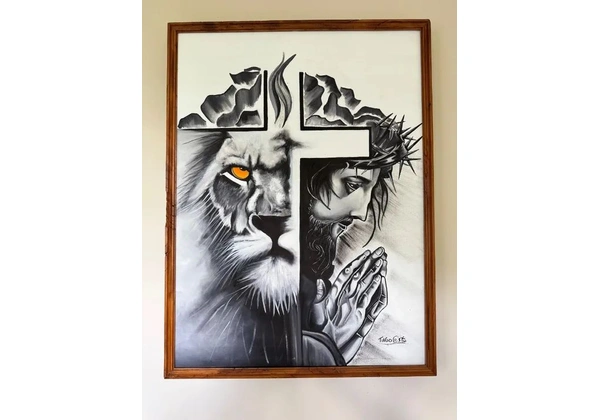Quadro pintura leão/jesus