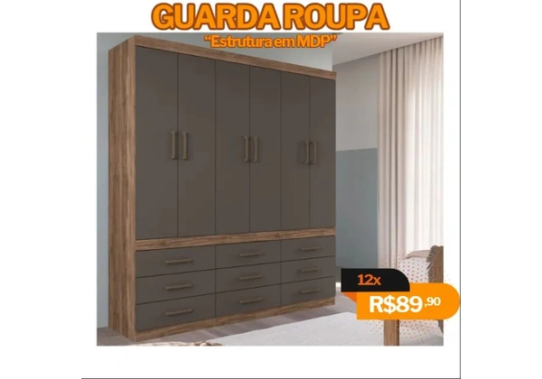 Guarda-Roupa em MDP - 6 Portas, 9 Gavetas, Cabideiros de Alumínio e Amplos Maleiros