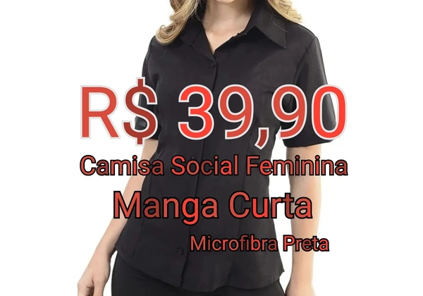 Camisa Social Feminina Mg Curta - Microfibra Preta
