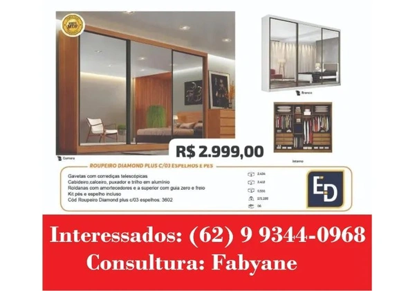 Guarda Roupa Diamond 3 Portas com Espelho