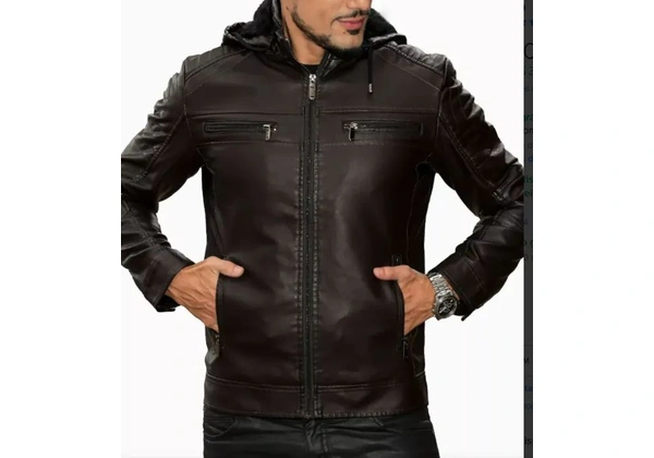 Jaqueta Masculina Slim De Couro Com Bolsos E Capuz Inverno