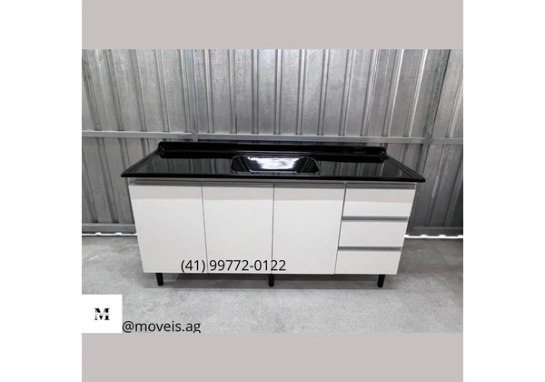 Armário de Cozinha Branco com Pia Marmorite