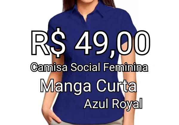 Camisa Social Feminina Mg Curta - Microfibra com Algodão Azul Royal