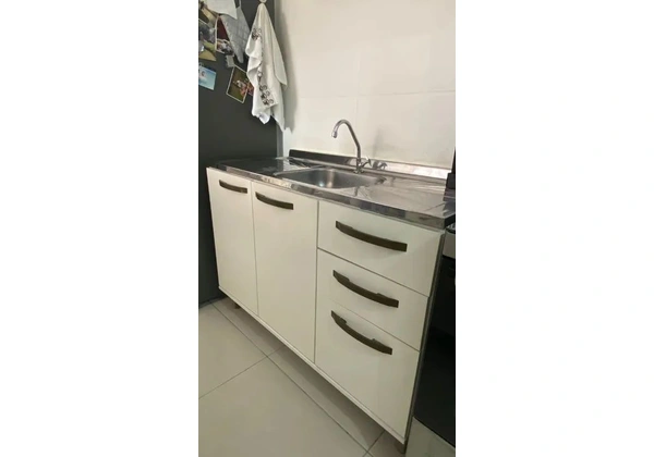 Balcão de Cozinha com Pia Inox + Torneira 120cm 3 Portas + 2 Gavetas e Puxadores de Metal