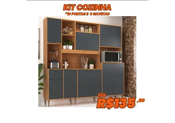 Kit Cozinha com 10 Portas, 3 Gavetas e Pés Reguláveis de 17cm