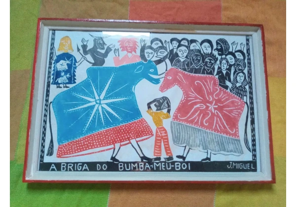 Xilogravura J. Miguel, colorida, tema Briga do Bumba meu Boi : 55 cm × 45 cm - emoldurada.