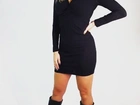 Vestido canelado manga longa com decote nozinho, p, m e g