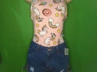 Conjunto shorts jeans curto + body Unicórnio