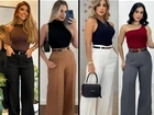 Conjunto feminino 3 peças calça pantalona cropped regata e cinto para trabalhar